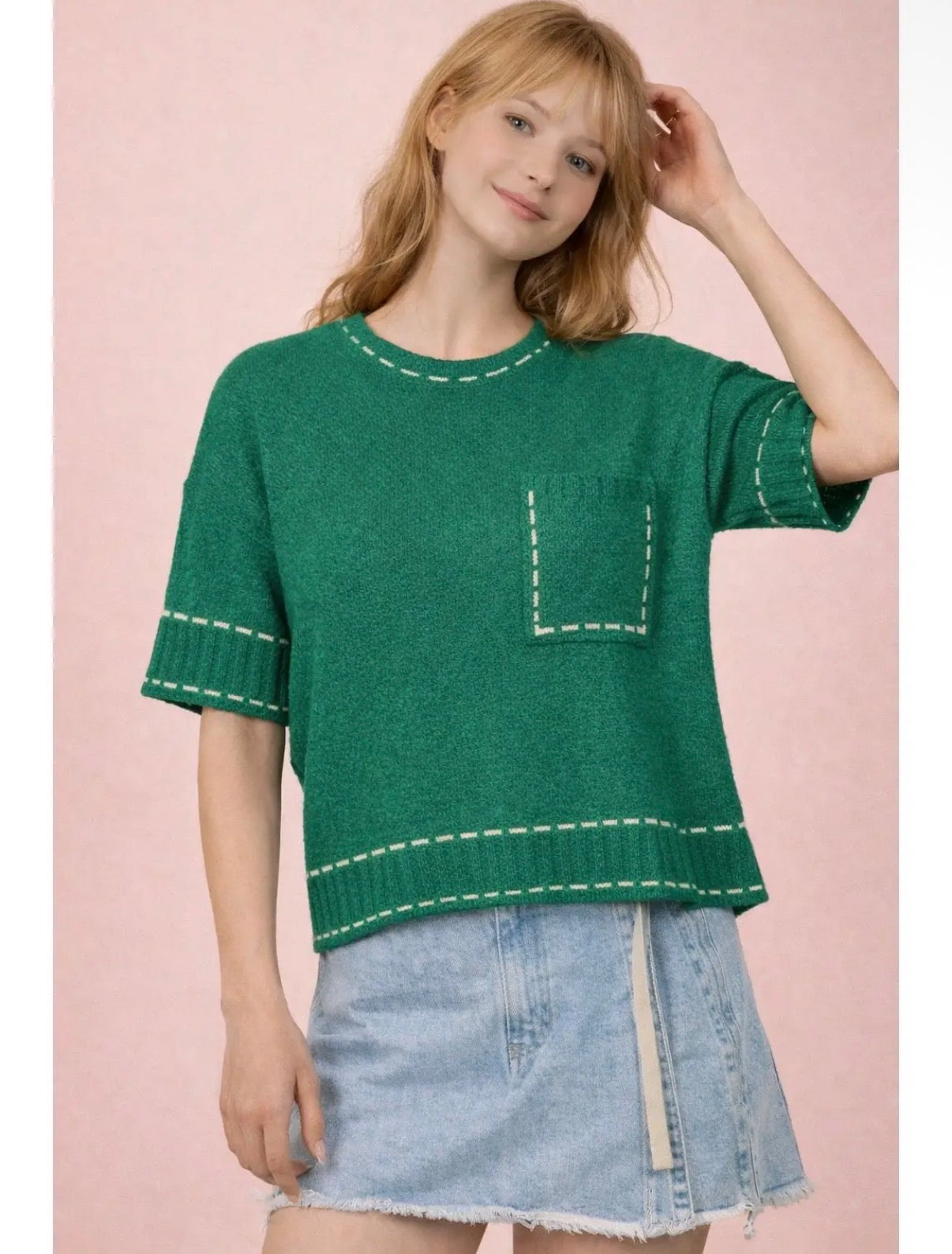 Plus Size Kelly Green Knit Sweater Top with Patch Pocket Detail