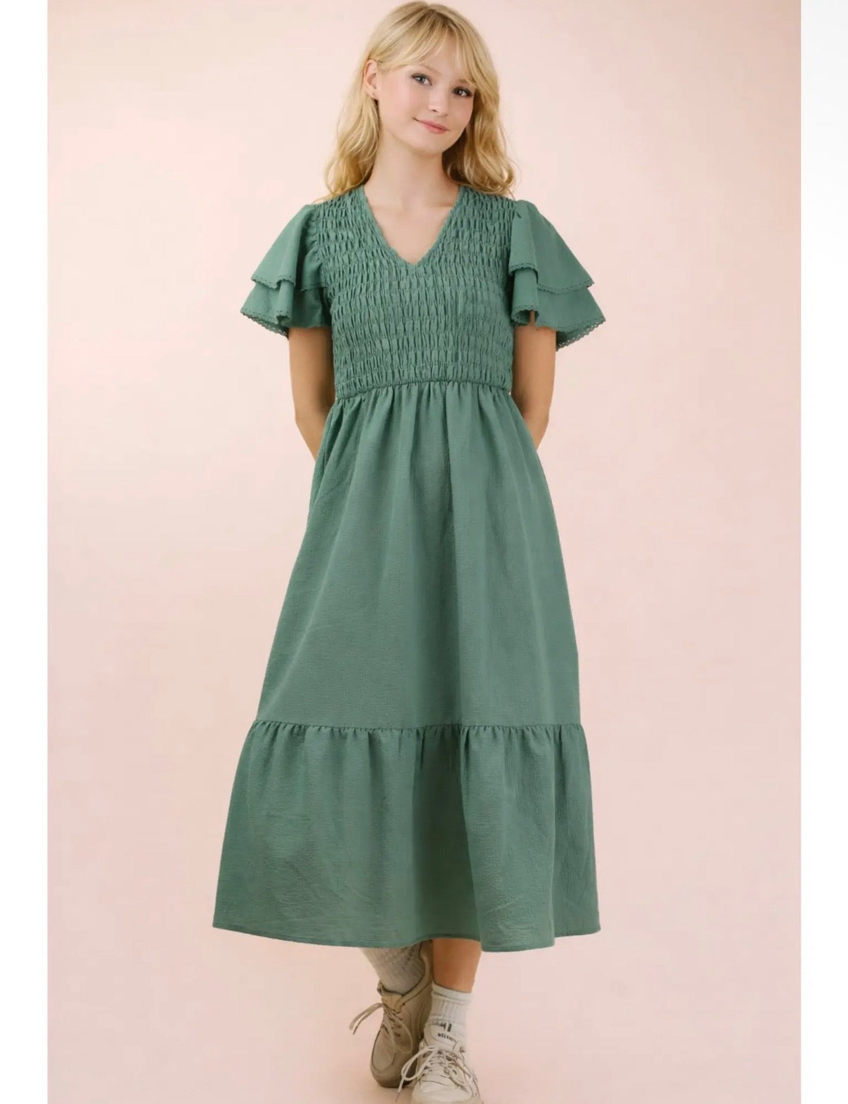 Sage Smocking Torso Ruffle Sleeve Dress