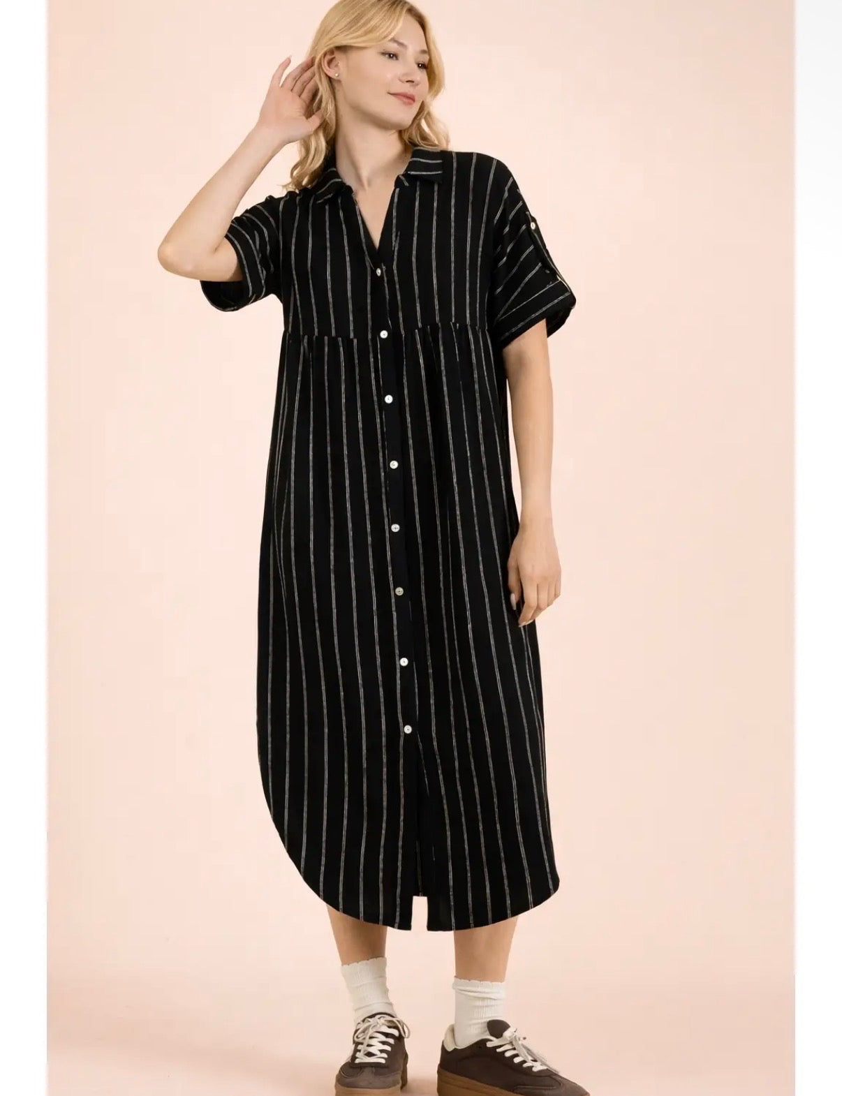 Striped Linen Midi Button Down Shirt Dress