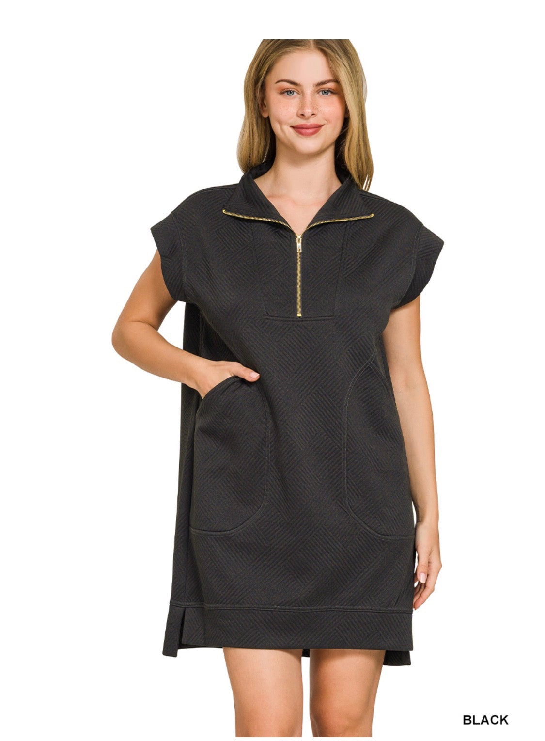 Textured Knit Jacquard Quarter Zip Mini Dress