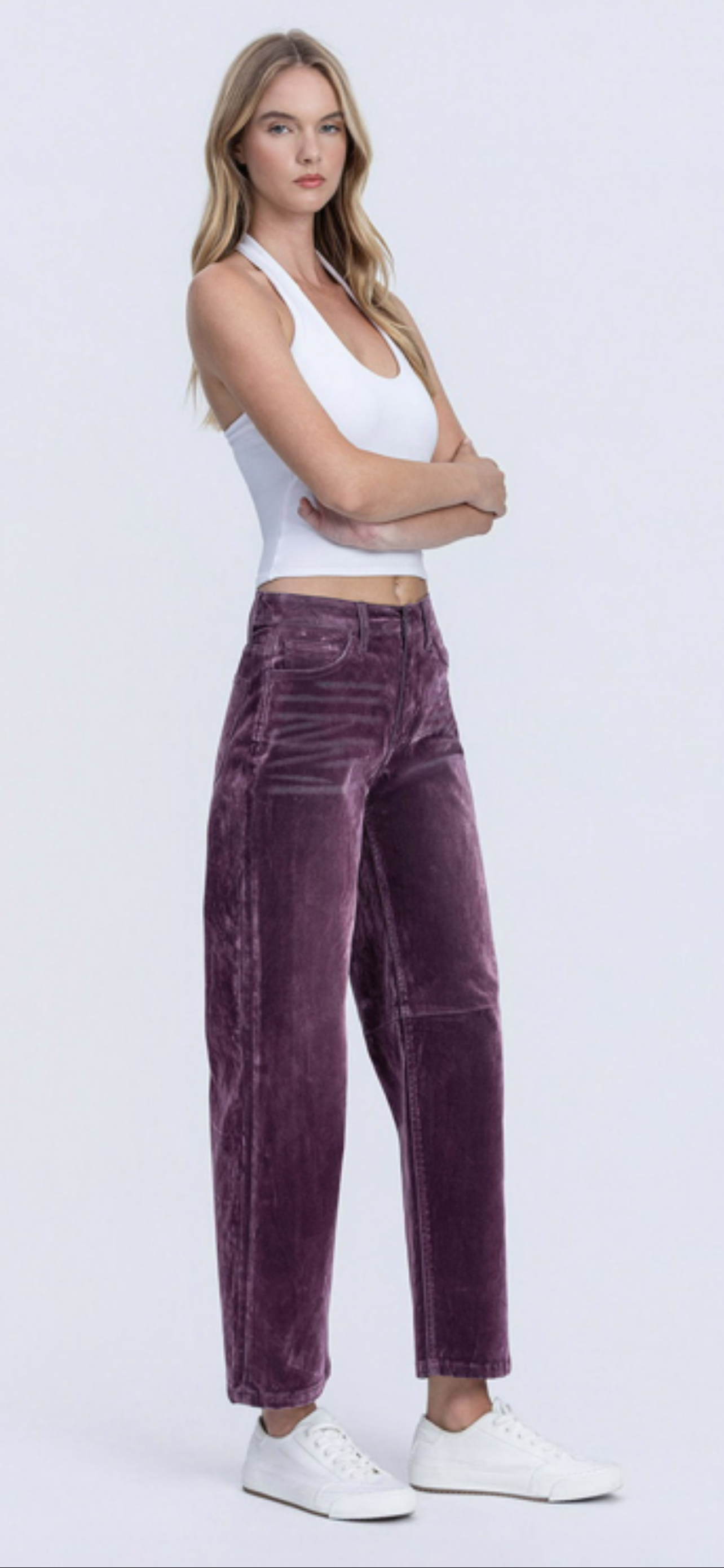 High Rise Barrel Leg Pants with Flocking Detail