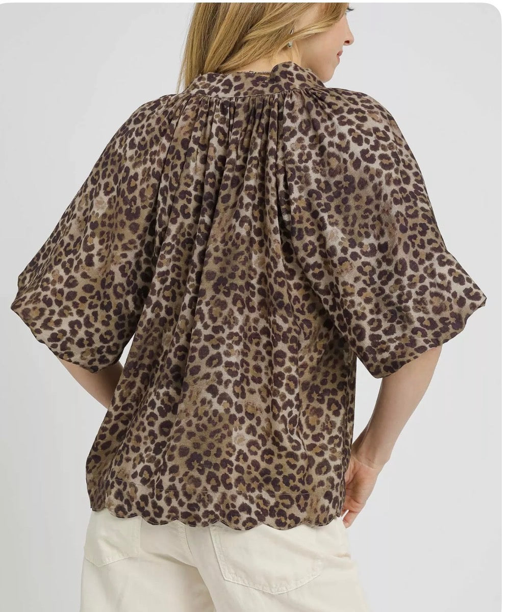 Bubble Sleeve Animal Print Blouse
