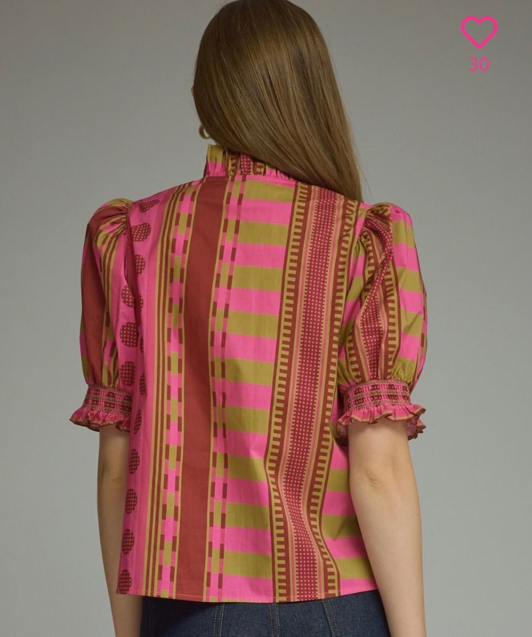 Mixed Print Short puffed sleeve w/ruffle neck detail