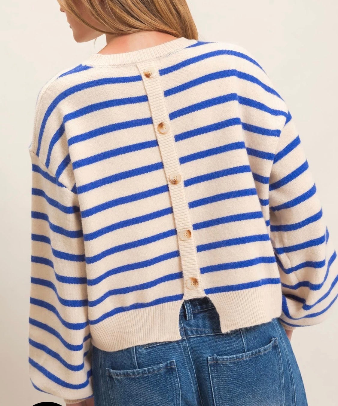 Striped Ribbed Crew Neck Sweater Button Back