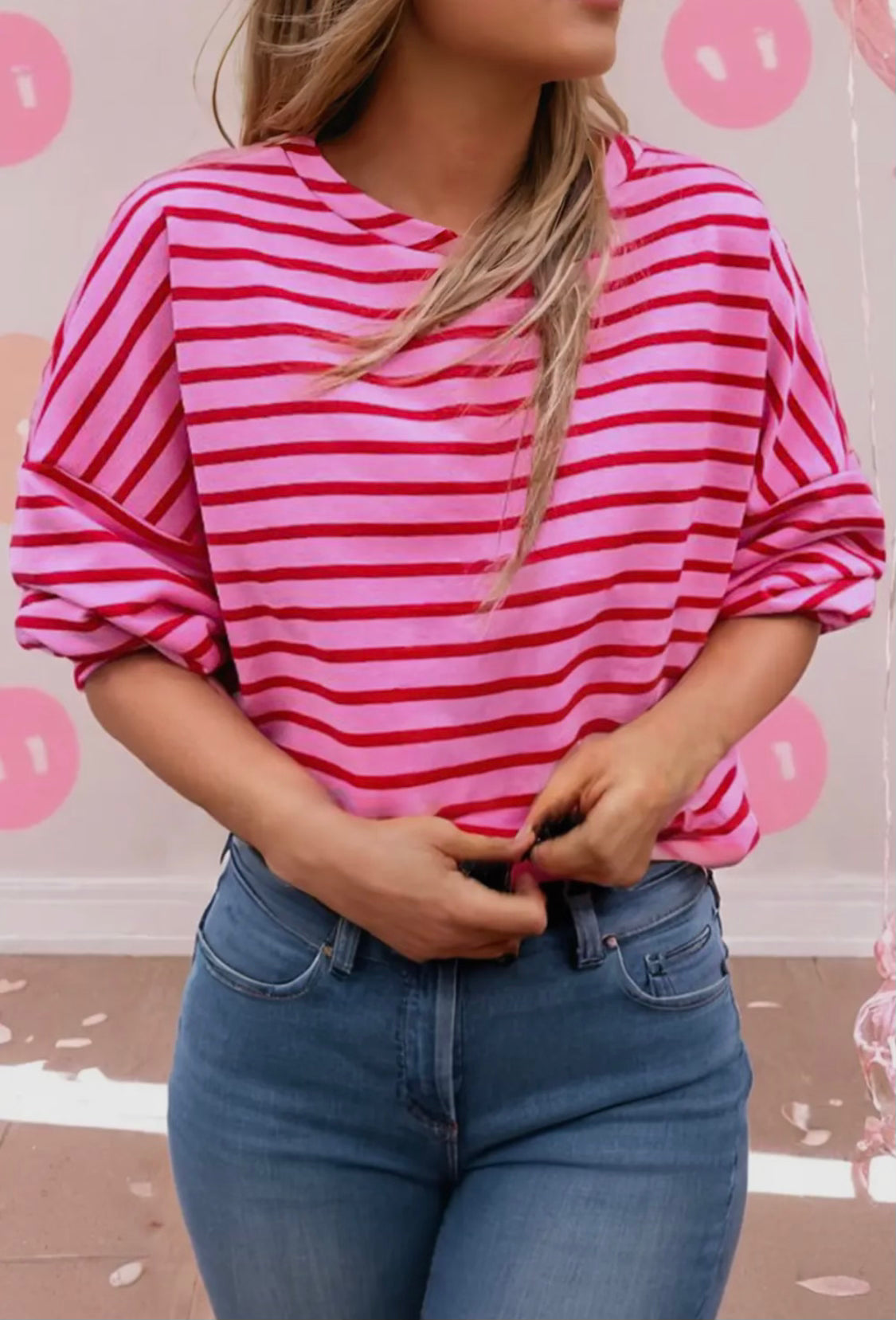 Striped crewneck drop shoulder sweatshirt