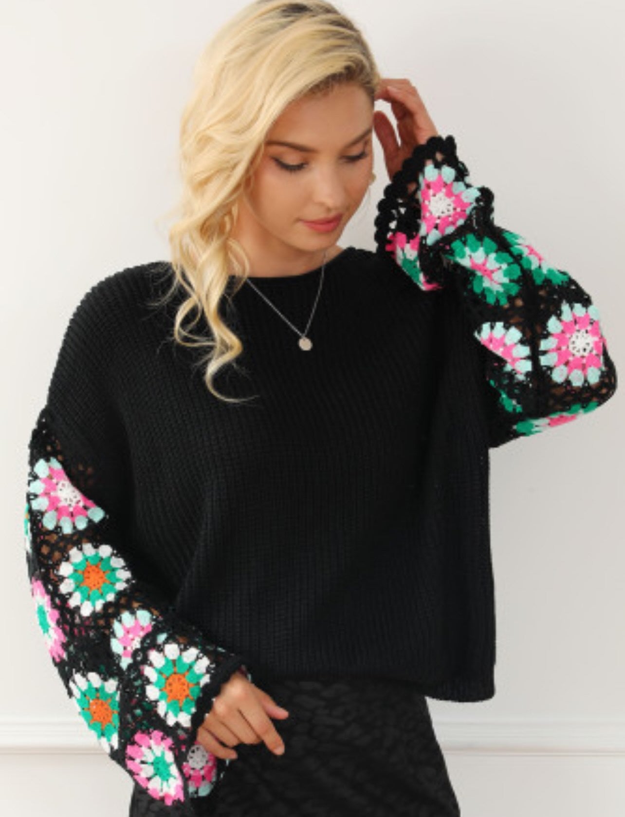 Black floral crochet bell sleeve sweater