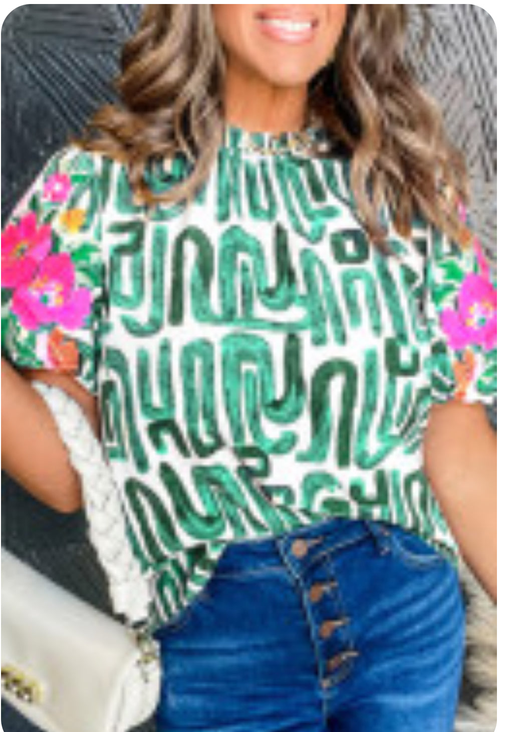 Geometric Green & White Blouse