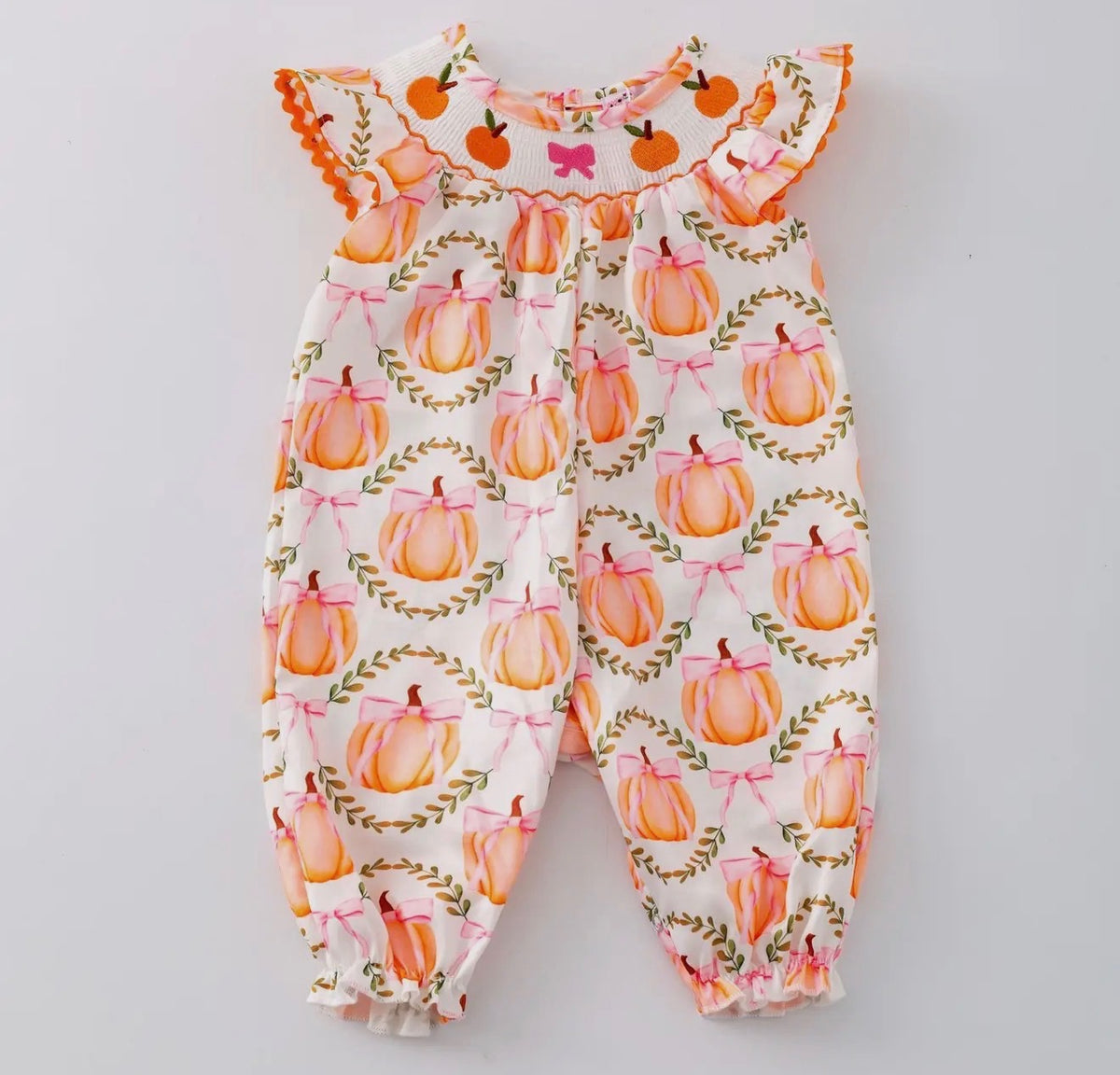 Girls Pumpkin Lattice Smocked Romper
