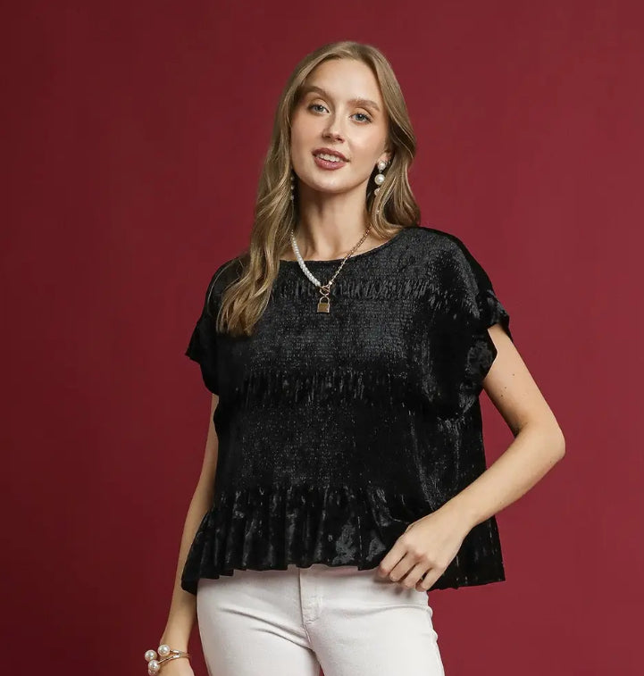 Velvet Ruffle Hem Smocked Blouse