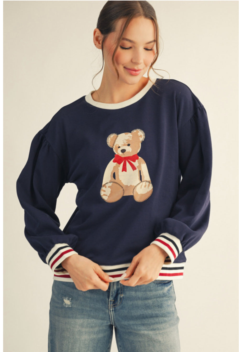Teddy Bear Graphic Sweatshirt with Sleeve Detailing