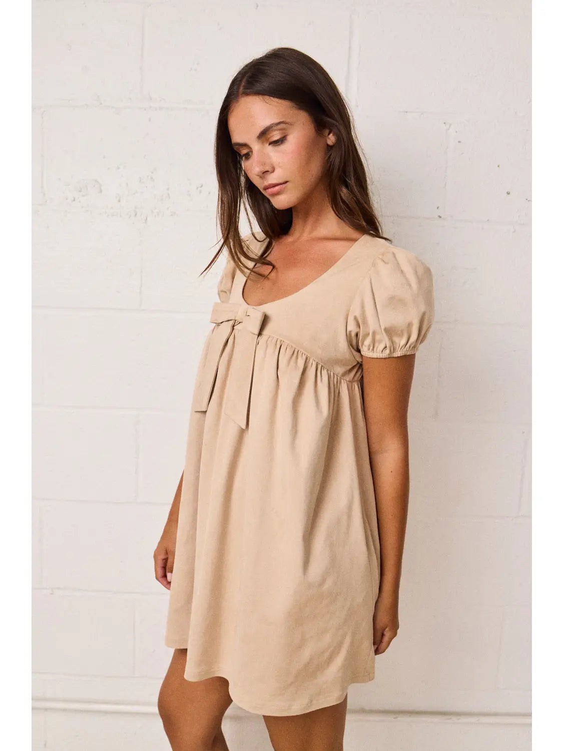 Puff Sleeve Babydoll Dress With Bow
