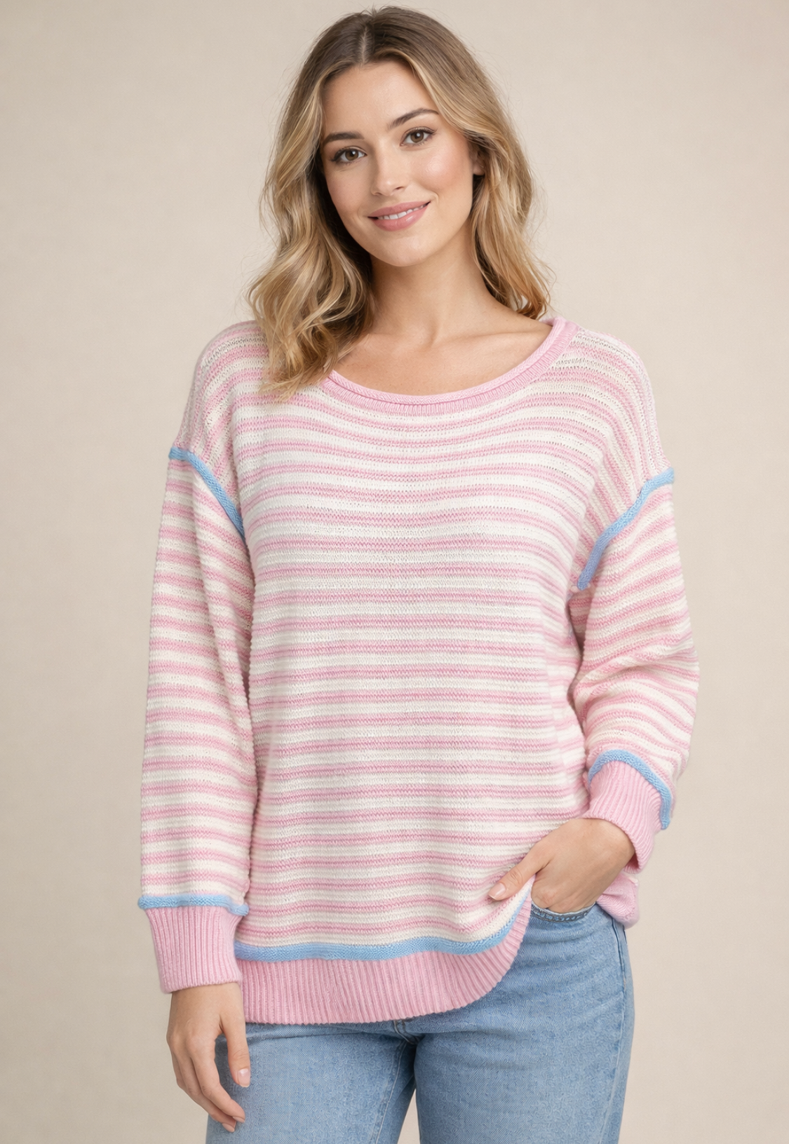 Pink Striped Oversized Long Sleeve With Blue Detailing Sweater