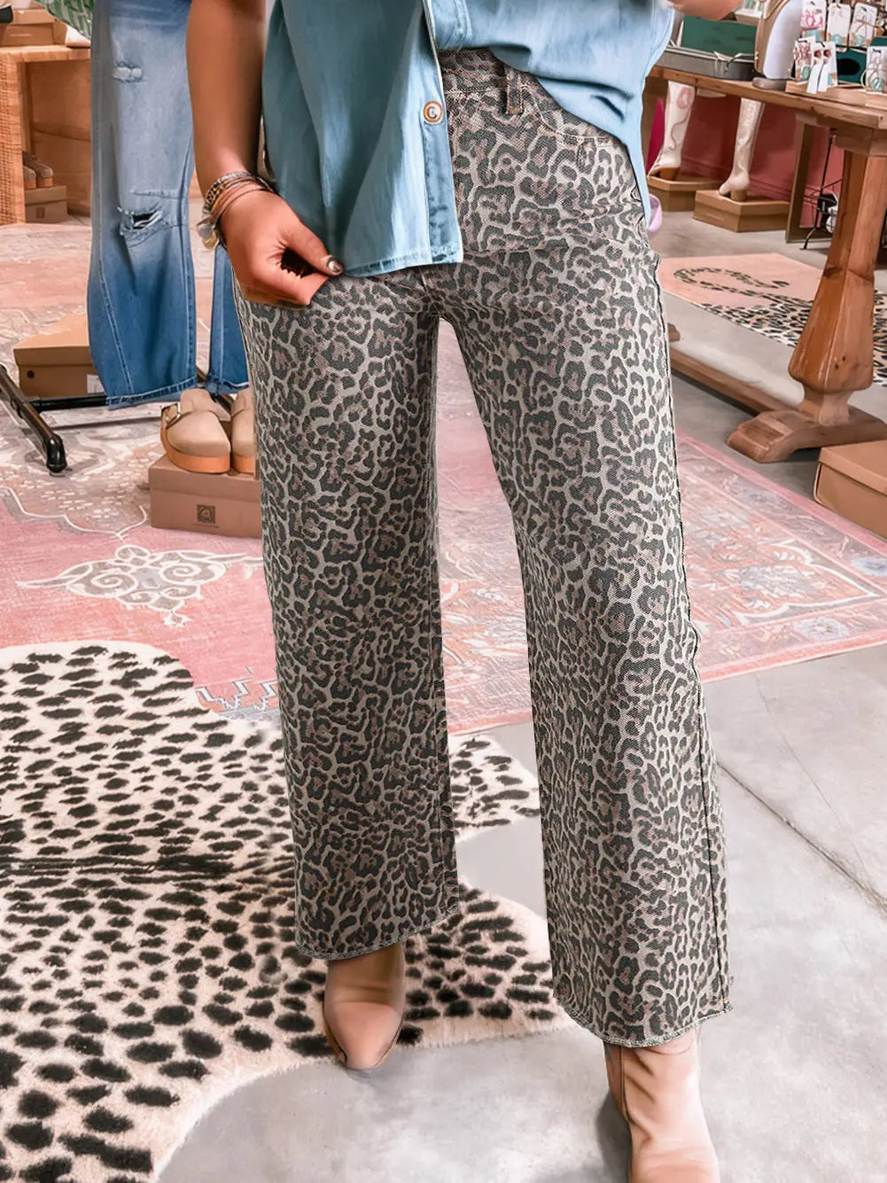 Brown Leopard Frayed Edge Wide Leg High Rise Jeans