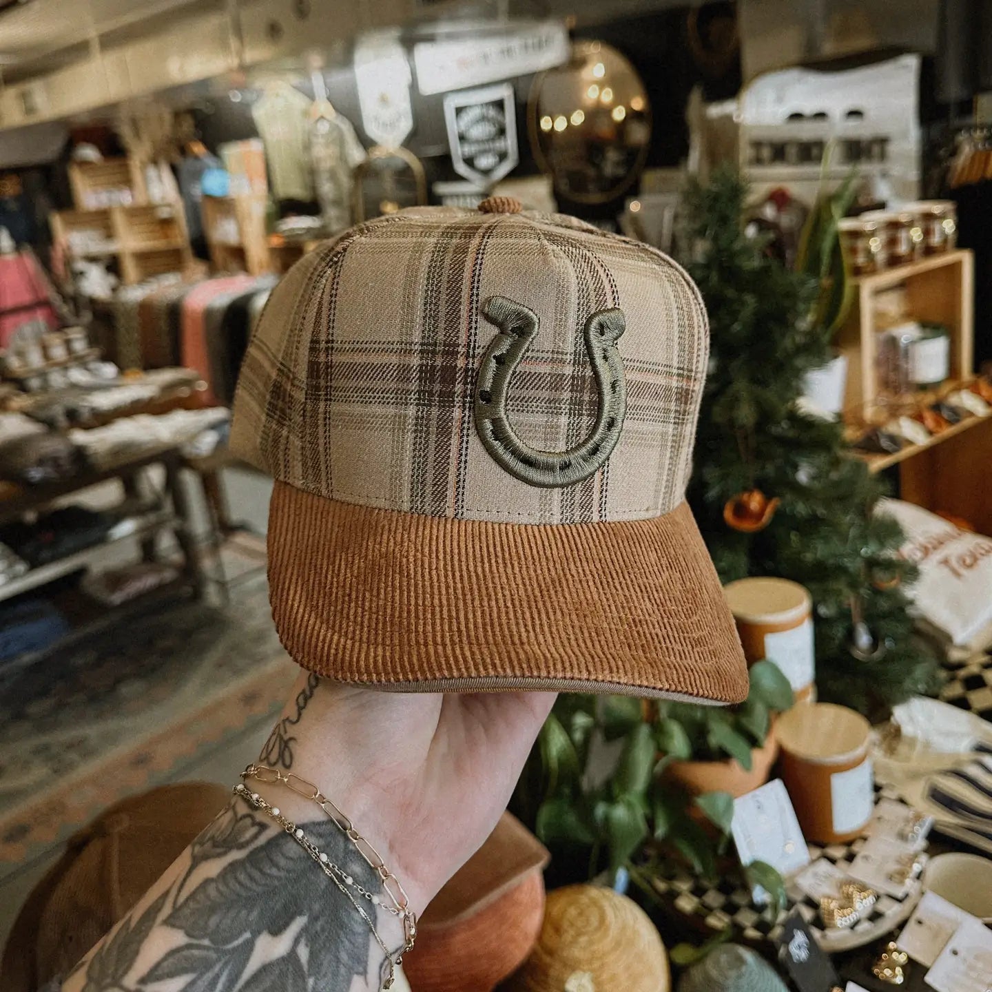 Horseshoe Plaid Corduroy Trucker Hat