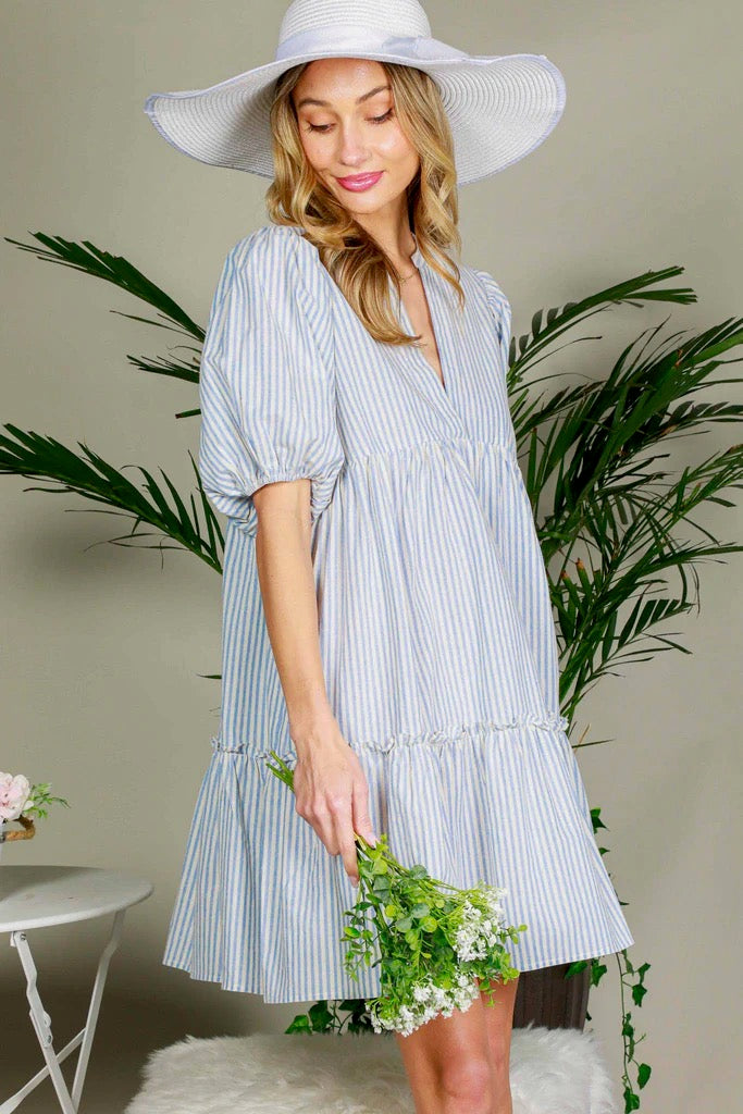 Baby Blue Striped Ruffled Dress With Puff Sleeves