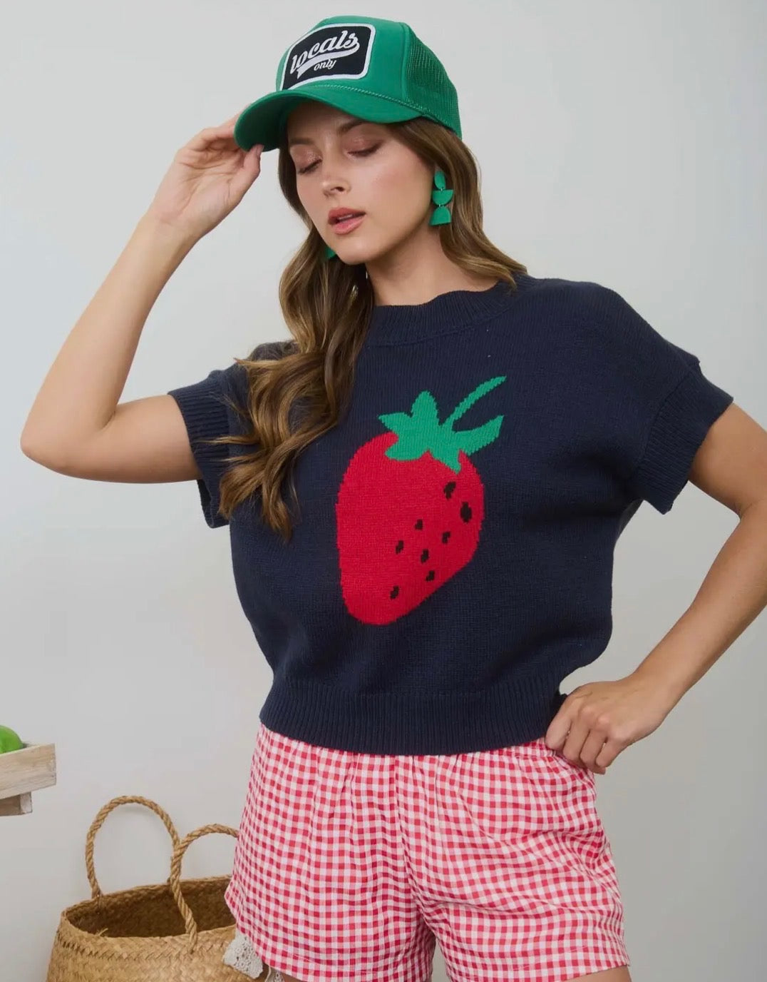 Knit Pullover Short Sleeve Sweater With Strawberry Detailing