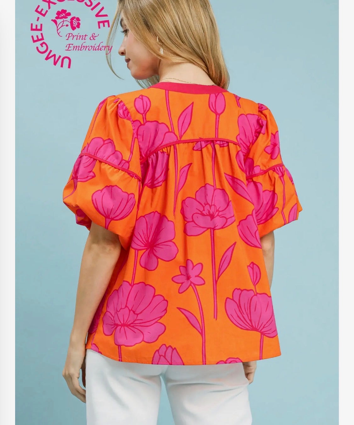 Floral Tangerine Mix Puff Sleeve Blouse