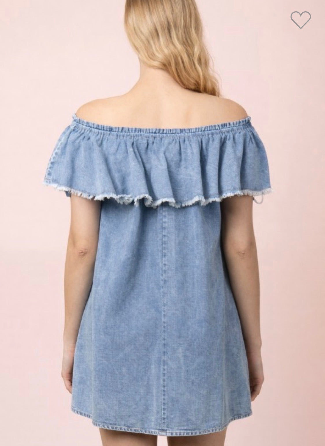 Off The Shoulder Mini Frayed Denim Dress With Side Pockets