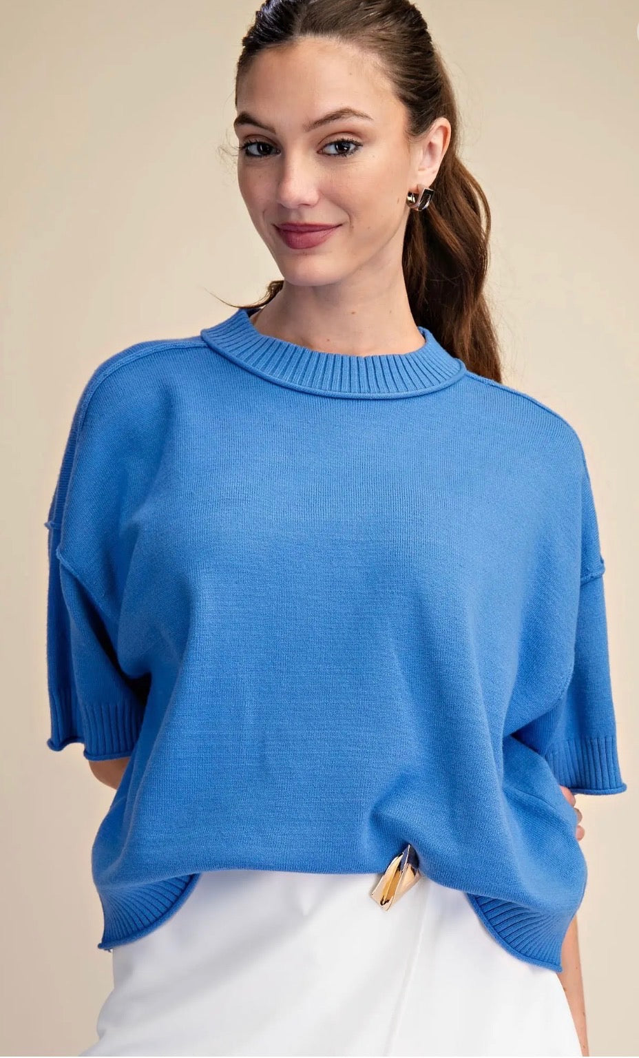 Crew Neck Ocean Blue Short Sleeve Sweater