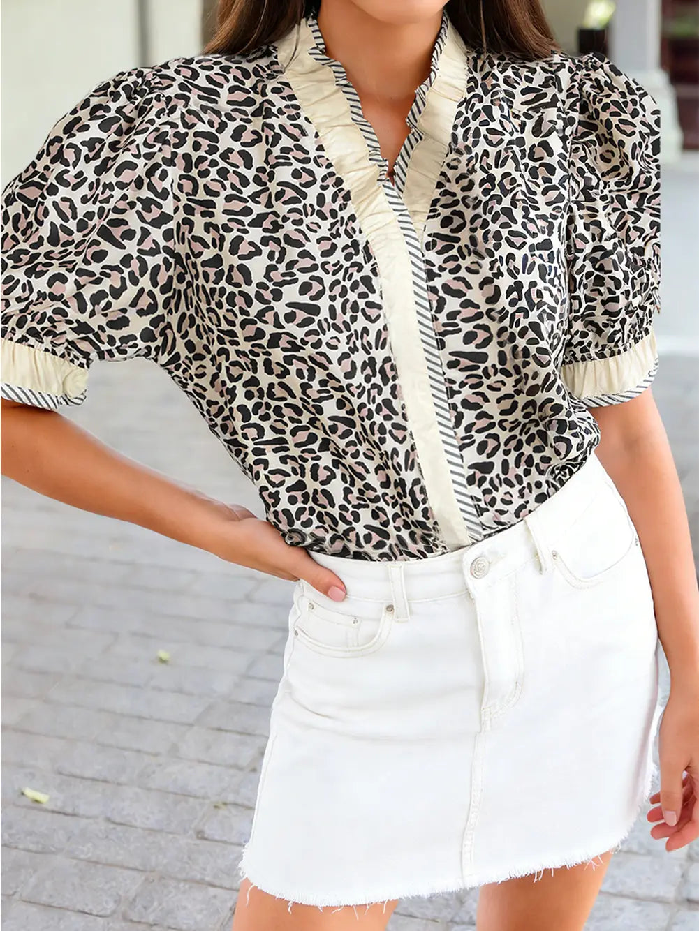 Striped Ruffled Color Block Trim V Neck Short Sleeve Blouse