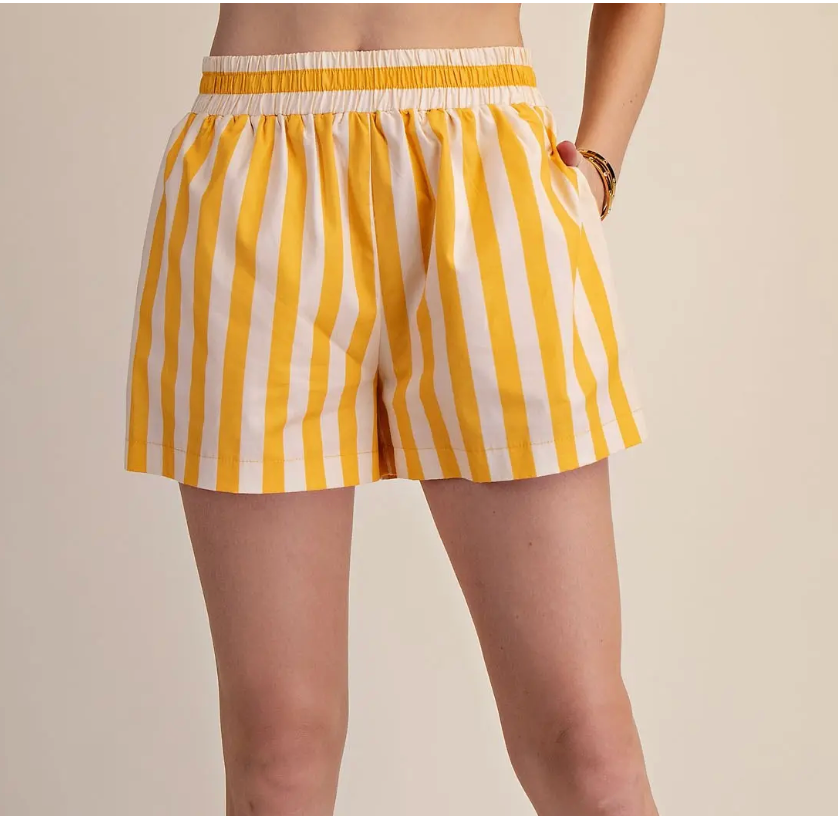 Yellow And White Striped Elastic Shorts