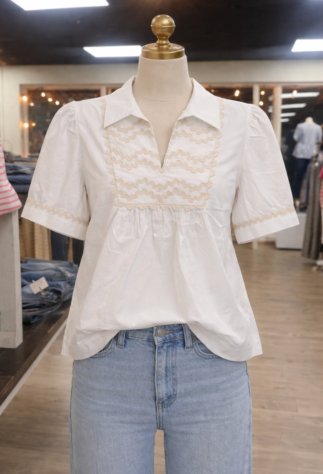 White Collared Cream Accent Blouse