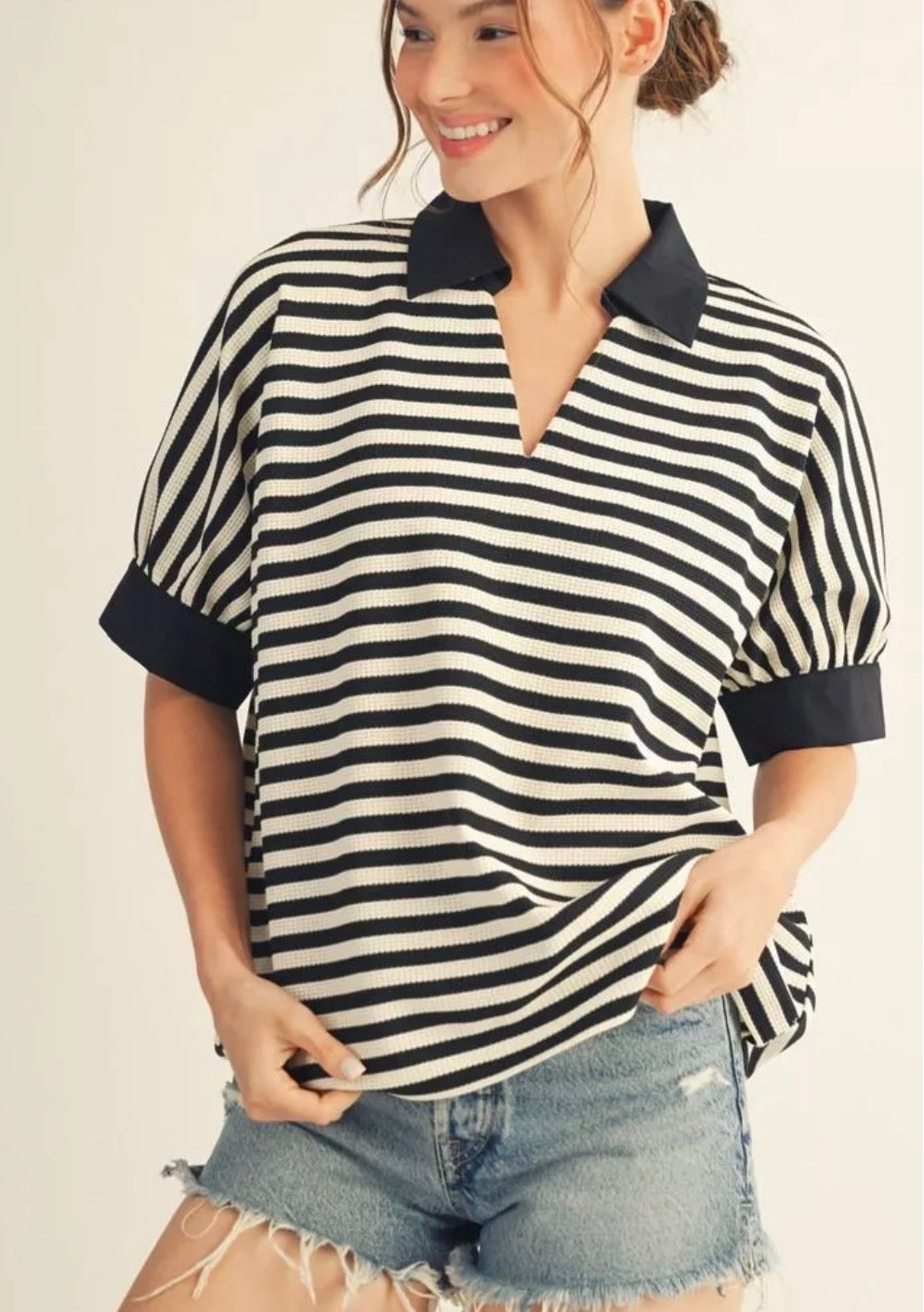 Black Stripped Collared Top