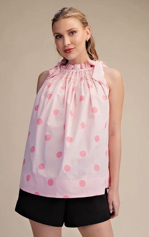 Tie Strap Smocked Polka Dot Top