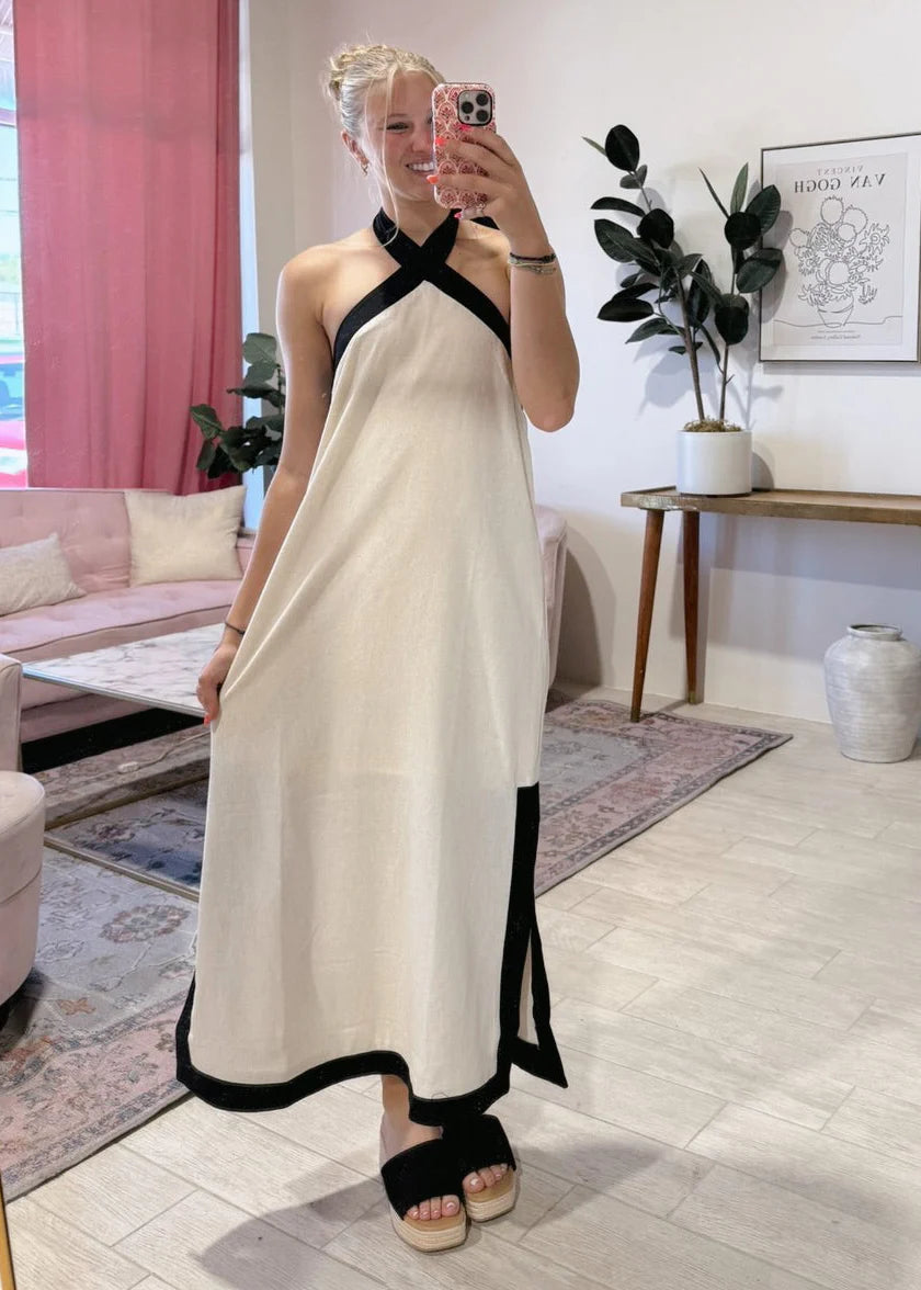 Linen Dress With Cross Strap Neck And Black Side Slits