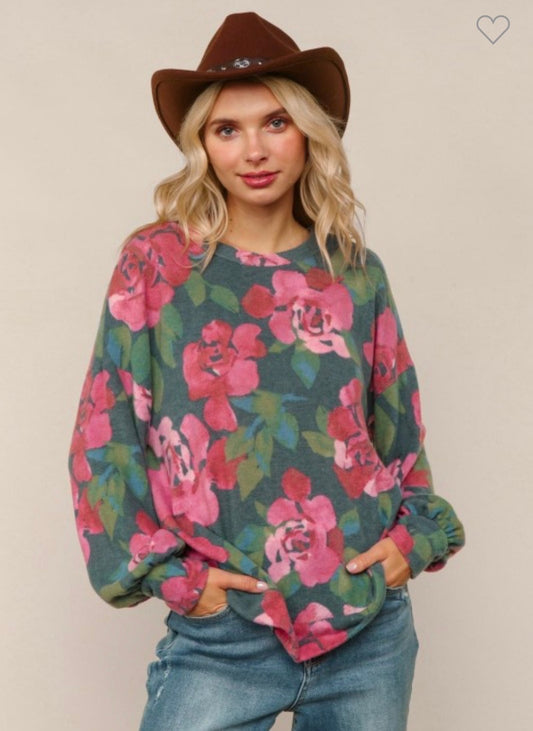 Long Sleeve Oversized Loose Fit Floral Blouse