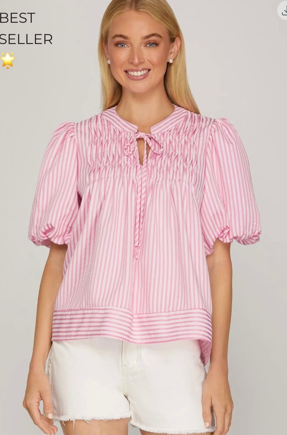 Pink Puff Sleeve Pinstripe Blouse With Neck Tie