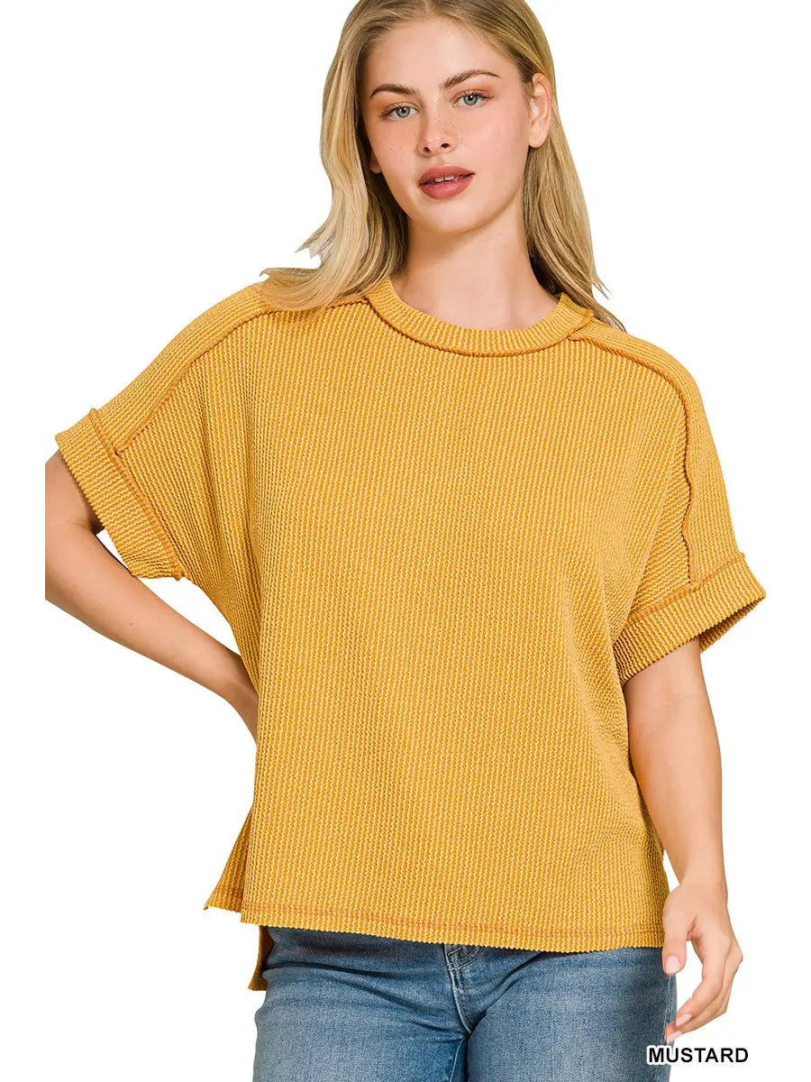 Textured Lined Short Sleeve Ribbed Top