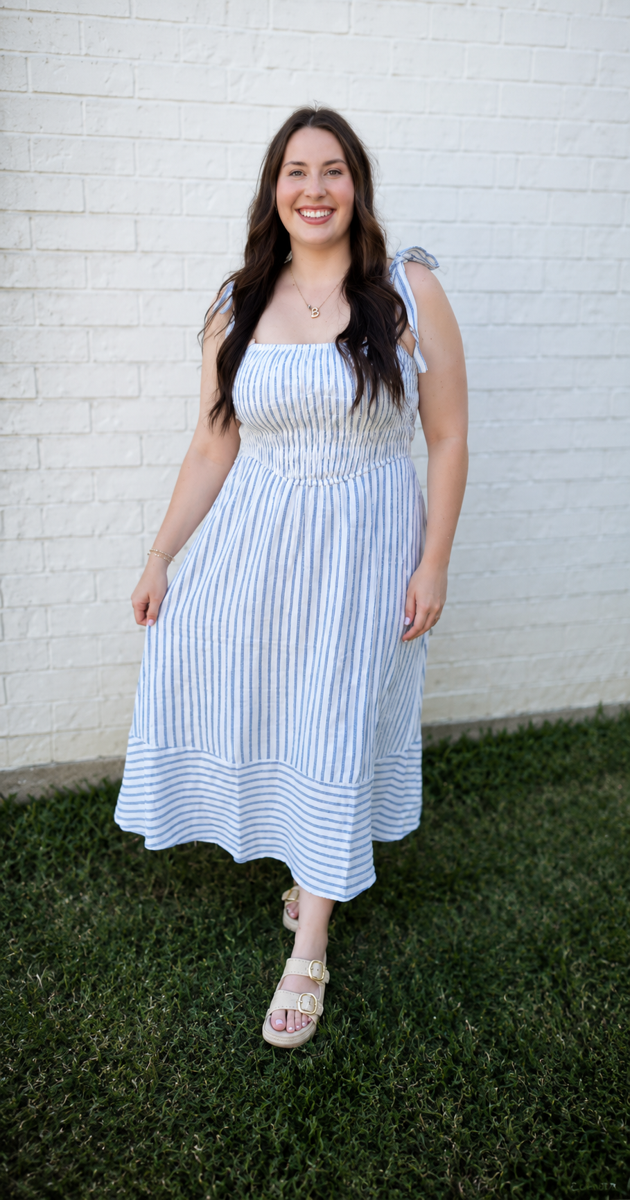 Blue Striped Tie Long Dress