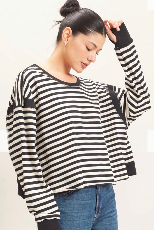 Striped Long Sleeve Open Back Top