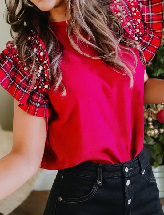 Red Blouse with Plaid and Pearl Sleeves