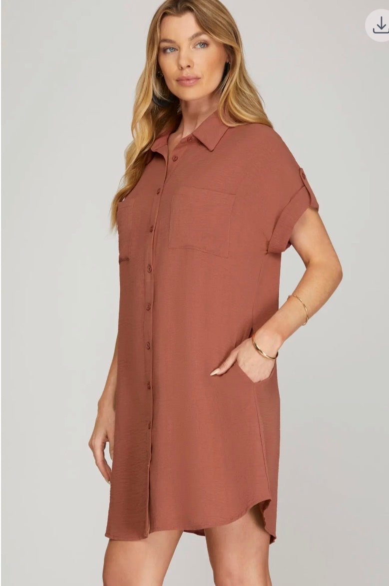 Drop Shoulder Button Up Woven Shirt Dress