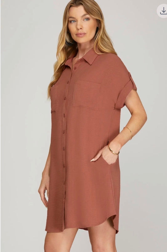 Drop Shoulder Button Up Woven Shirt Dress