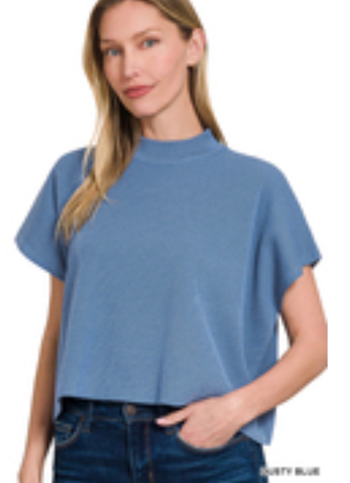 Viscose Mock Neck Short Sleeve Boxy Sweater Top