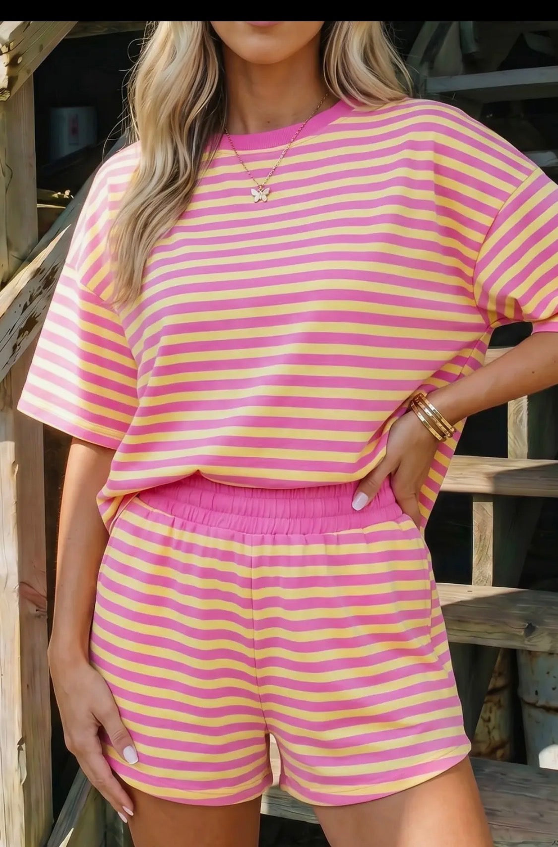 Stripe Drop Shoulder Boxy Casual Terry Short Set