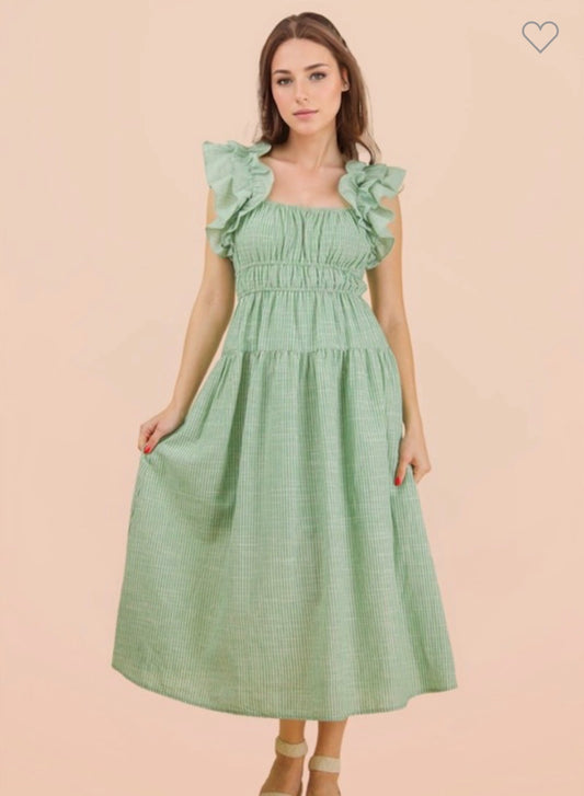 Ruffle Shoulder Mid Length Dress