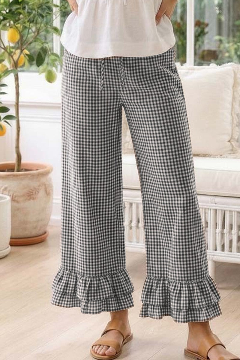 Gingham Casual Ruffle Cropped Pants