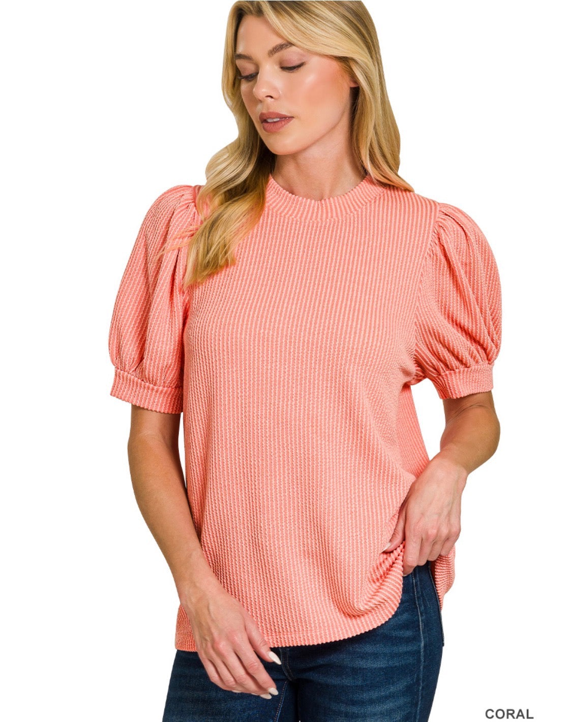 Raised Ribbed Puff Sleeve Top
