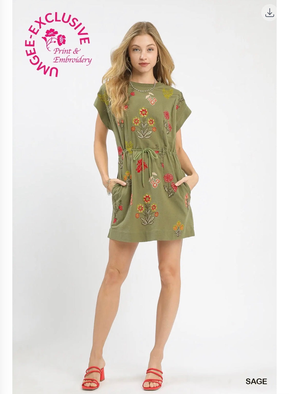 Sage Multicolor Floral Embroidery Short Sleeve Adjustable Waist Tie Dress