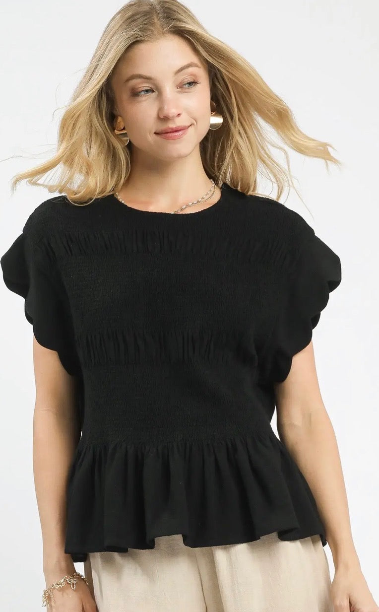 Black Ruffled Elastic Waist Blouse