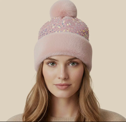 Sequin Beanie With Puff