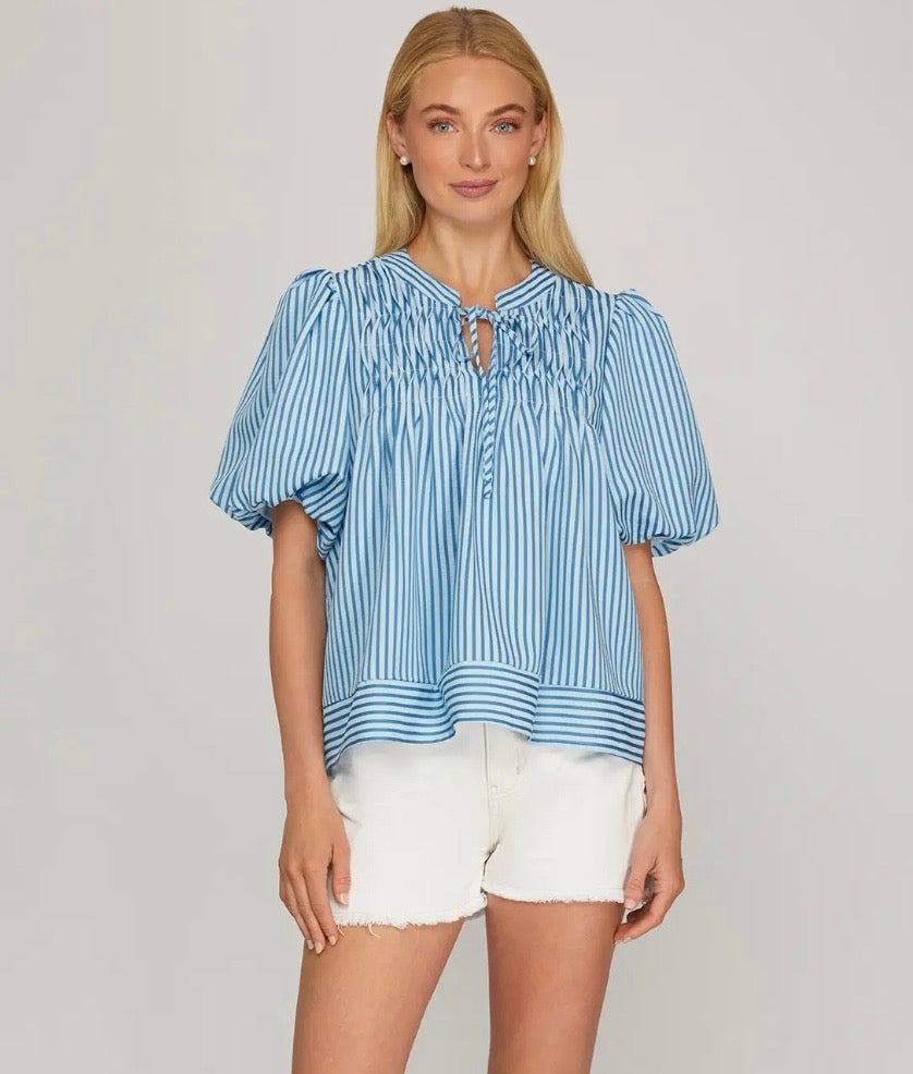 Blue Puff Sleeve Pinstripe Blouse With Neck Tie