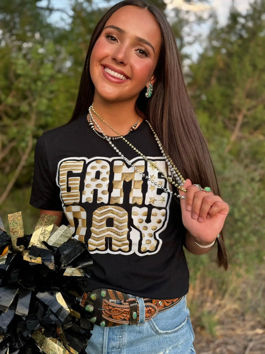 Game Day Tee With Gold Glitter Puff Letters