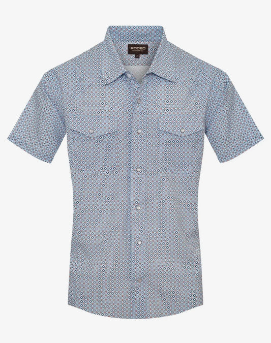 Rodeo Clothing Co Blue and Orange Diamond Pearl Button Up