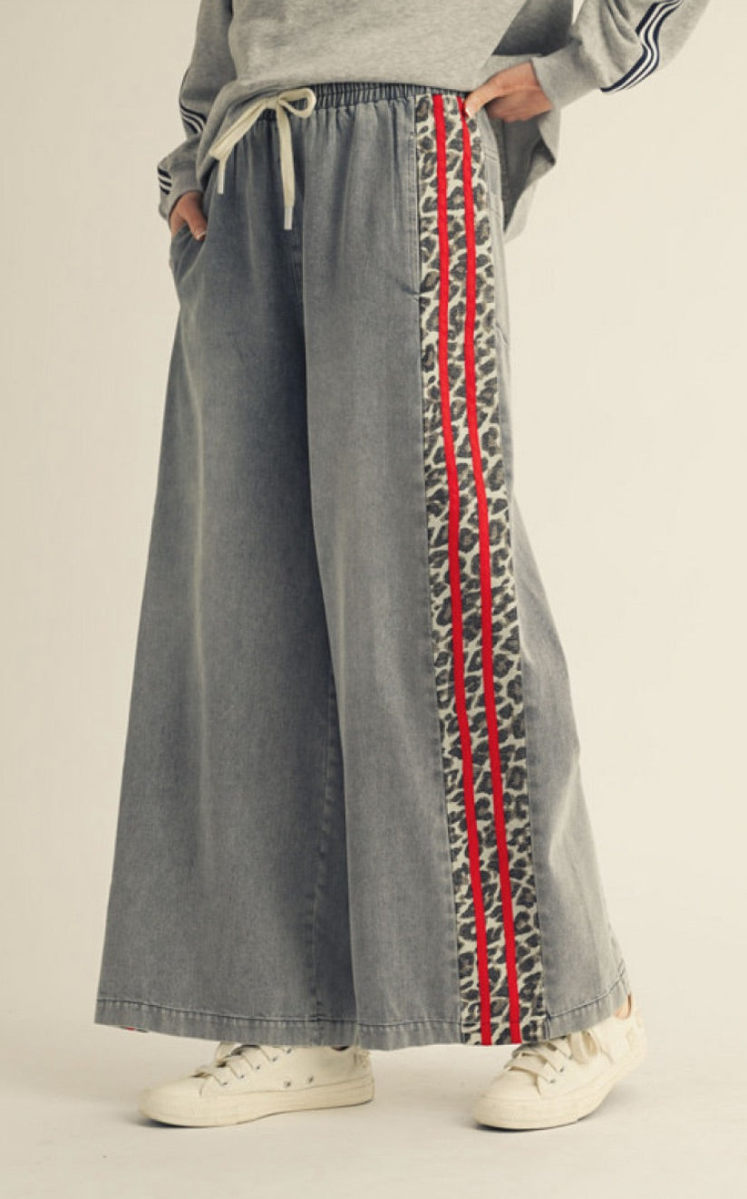 Denim Wide Leg Pants with Leopard and Red Detail
