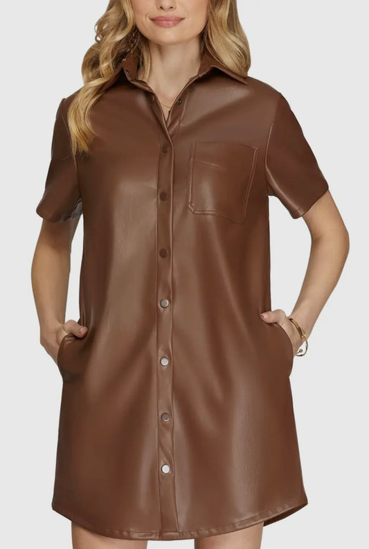 Faux Leather Button Down Mini Dress